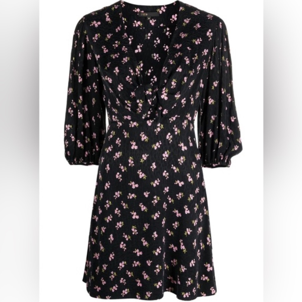 NWT MAJE Black and Pink Wrap Sundress with Bishop Sleeves